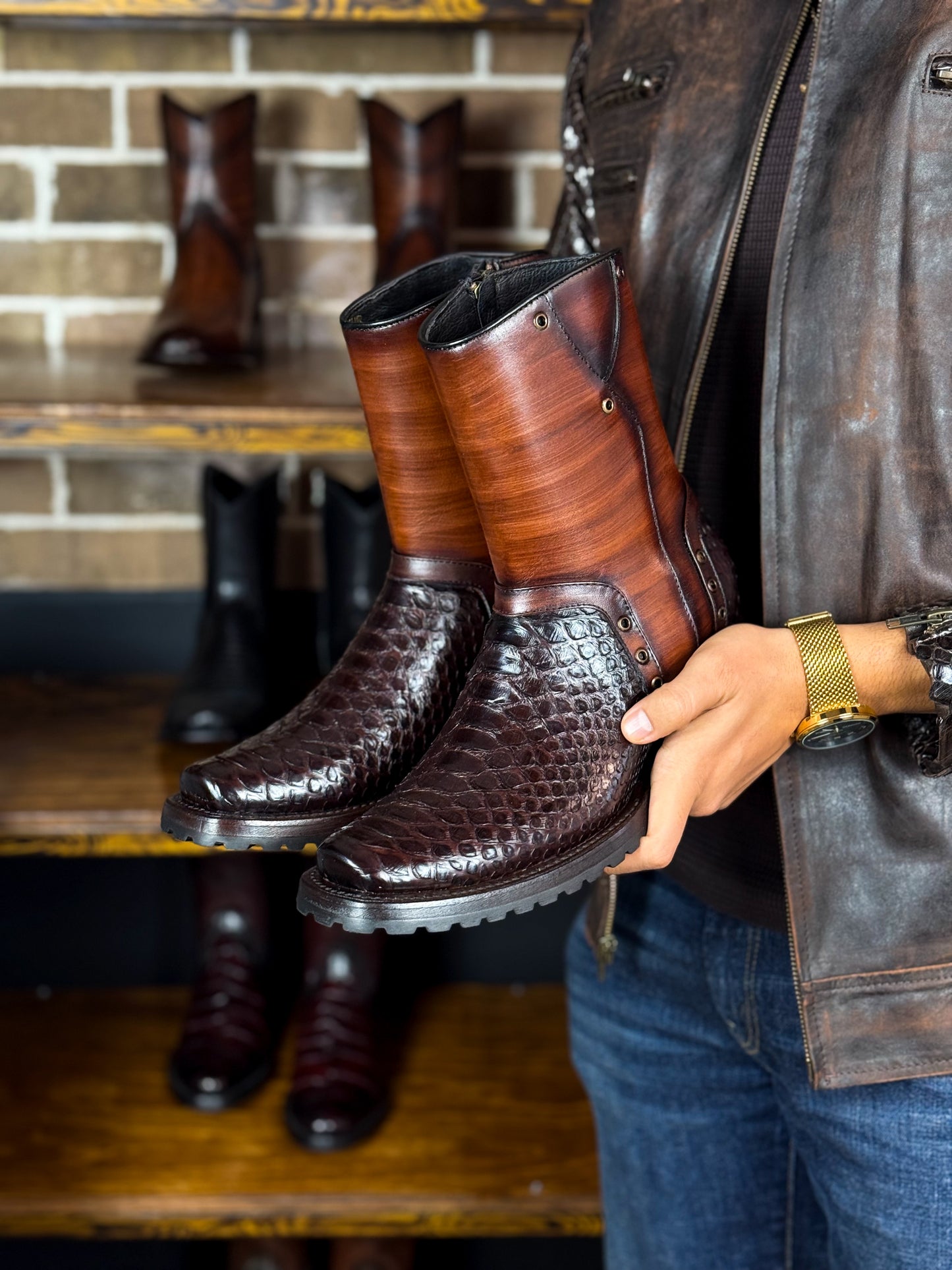 CARLO BROWN PITON BOOTS