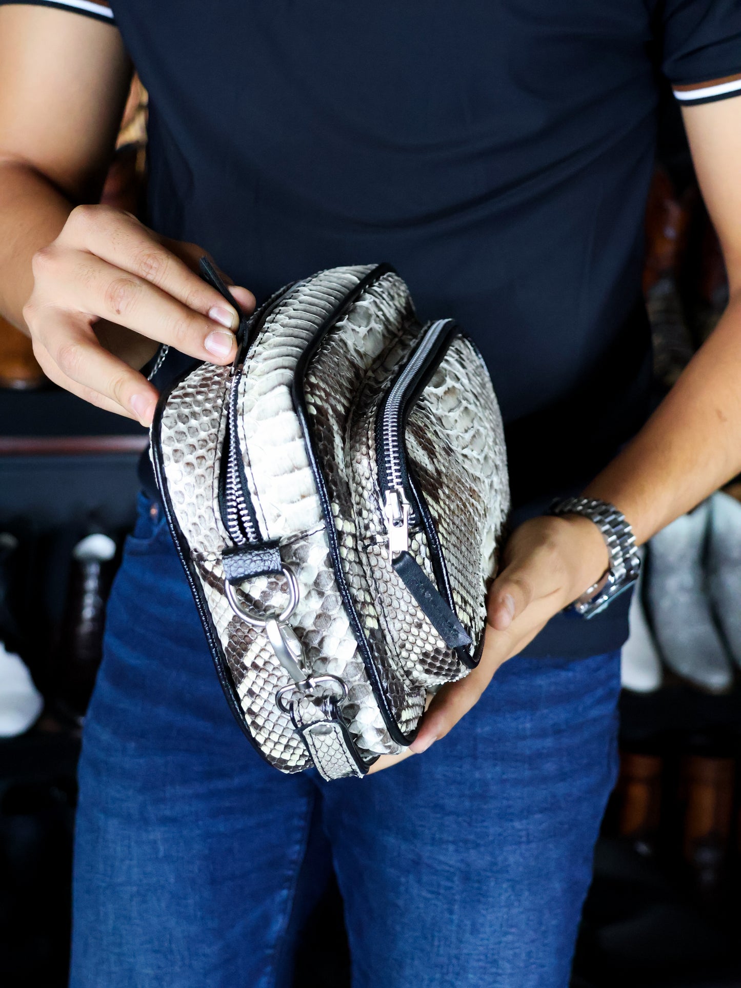 PYTHON SHOULDER BAG WITH TWO POCKETS