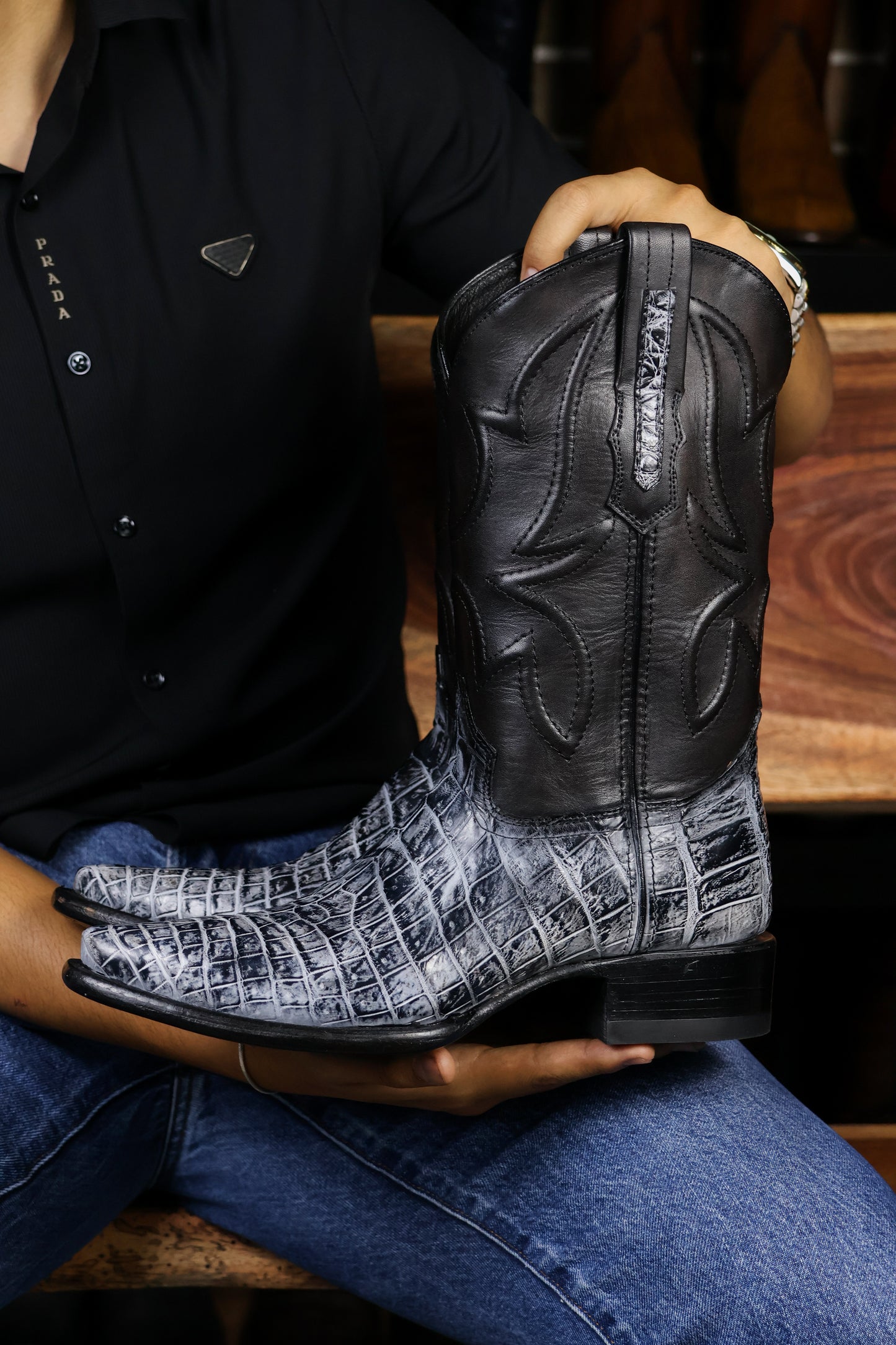 COWBOY GREY BLACK COCODRILO MORELETI BOOTS TEXANA