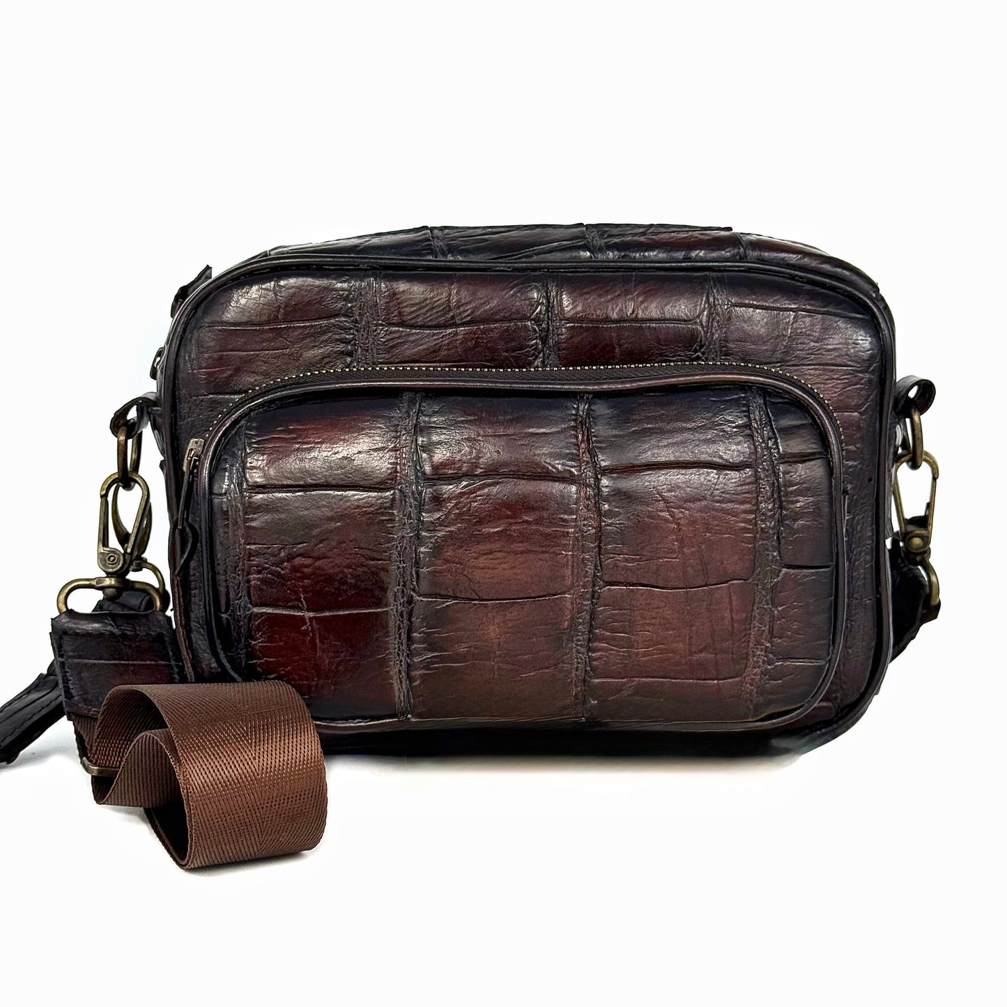 BANDOLERA VINO COCODRILO ALLIGATOR DOS BOLSAS