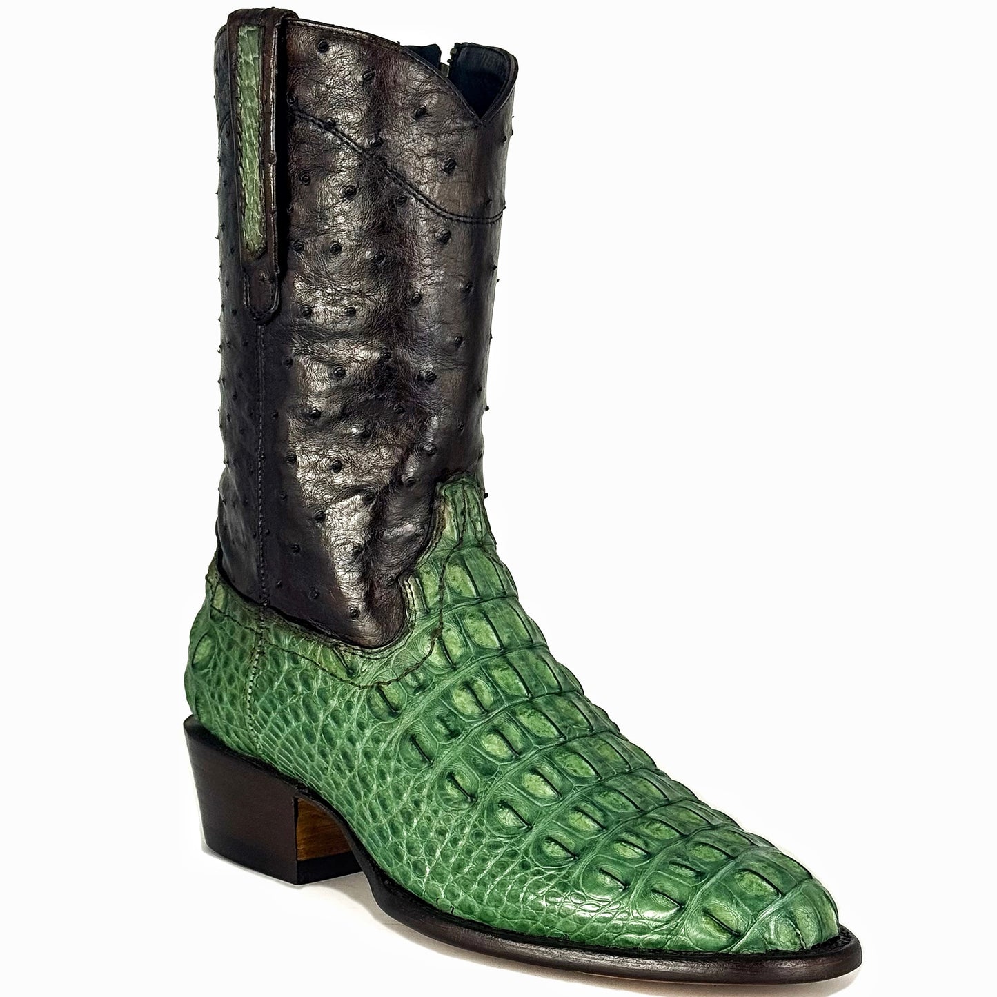 EMMA HIGH GREEN BROWN LOMO COCODRILO ALLIGATOR Y AVESTRUZ BOOTS OVAL