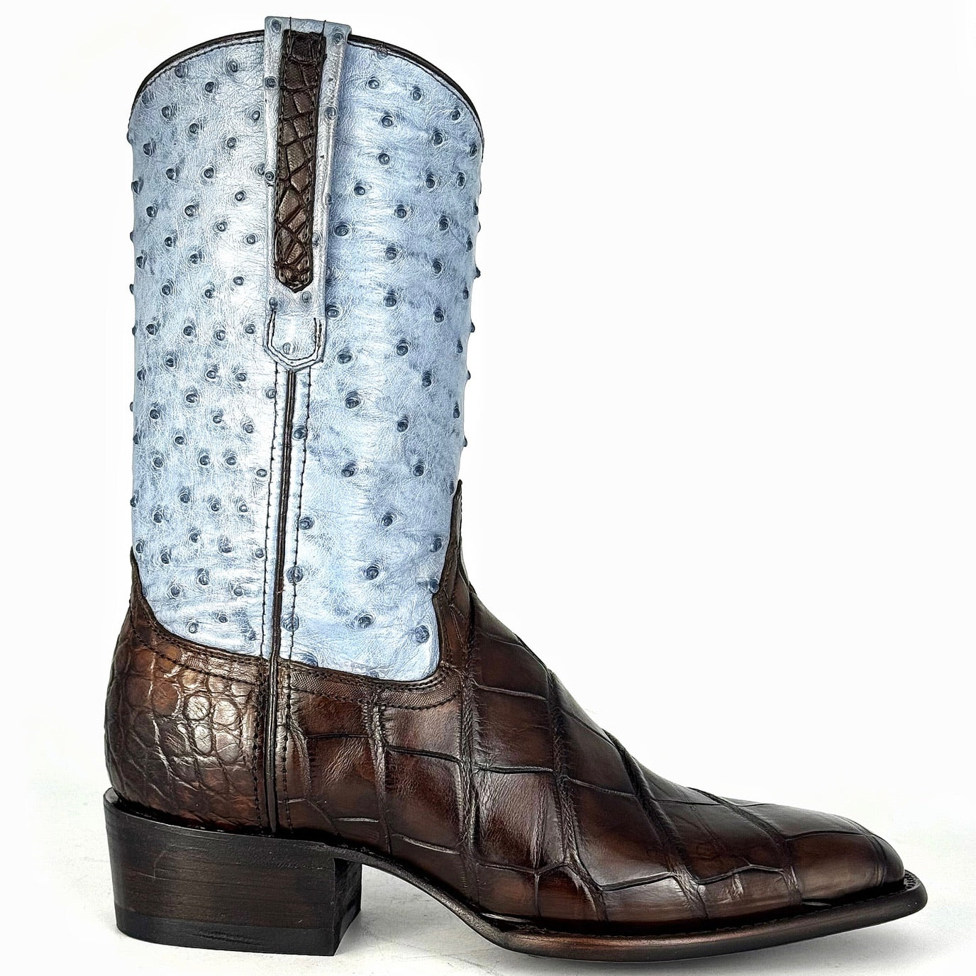 EMMA HIGH BROWN BLUE COCODRILO ALLIGATOR Y AVESTRUZ BOOTS FRANCESA