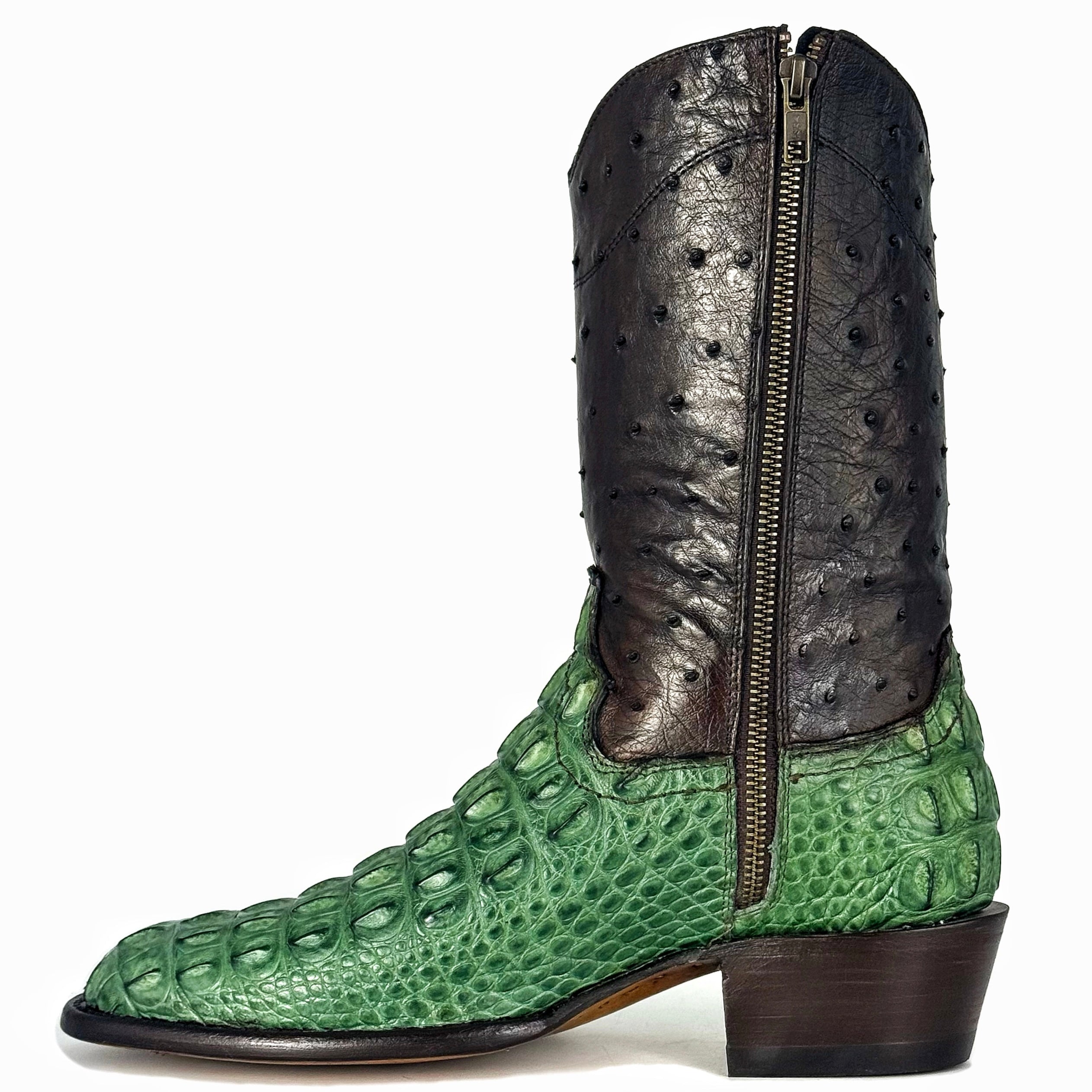 EMMA HIGH GREEN BROWN LOMO COCODRILO ALLIGATOR Y AVESTRUZ BOOTS OVAL