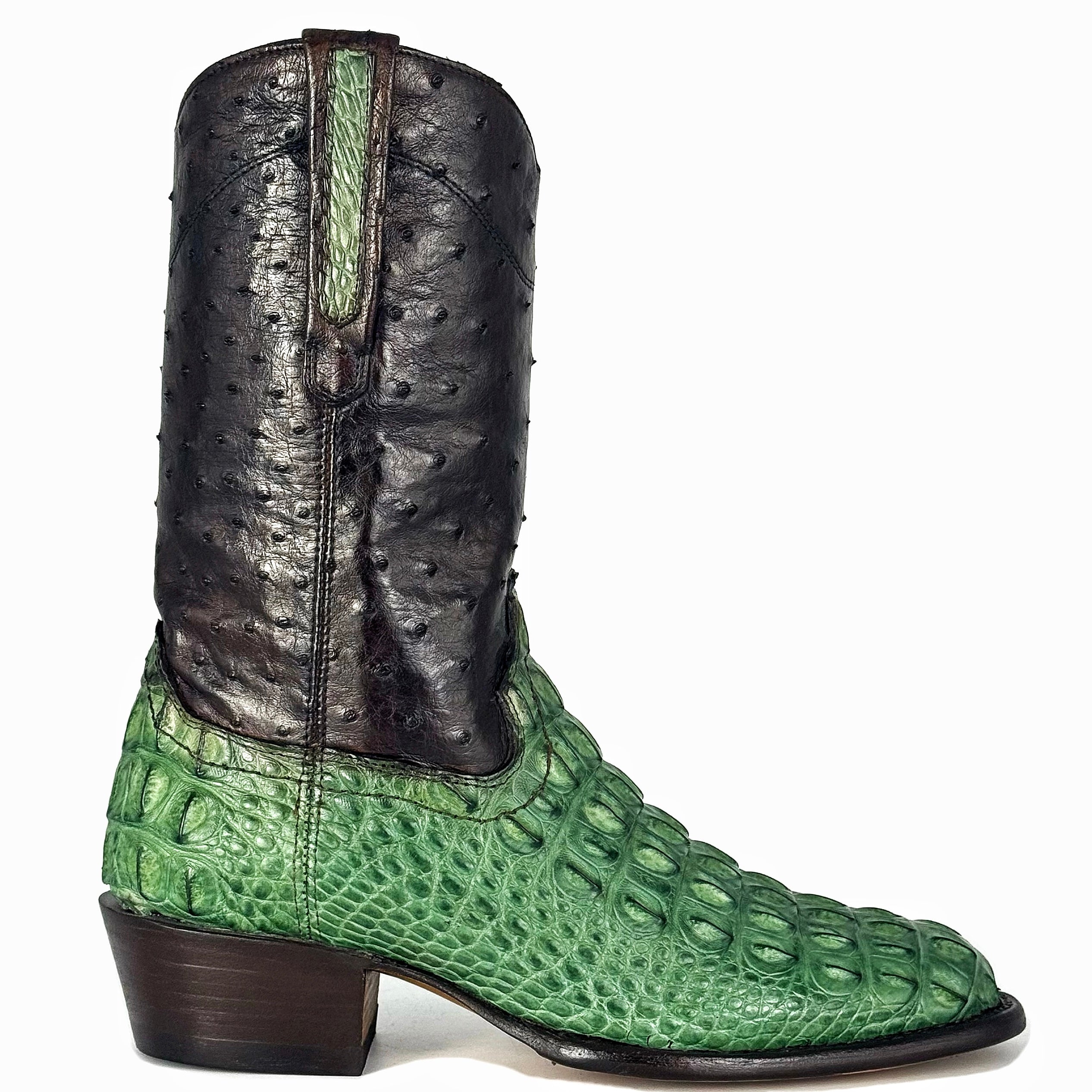 EMMA HIGH GREEN BROWN LOMO COCODRILO ALLIGATOR Y AVESTRUZ BOOTS OVAL