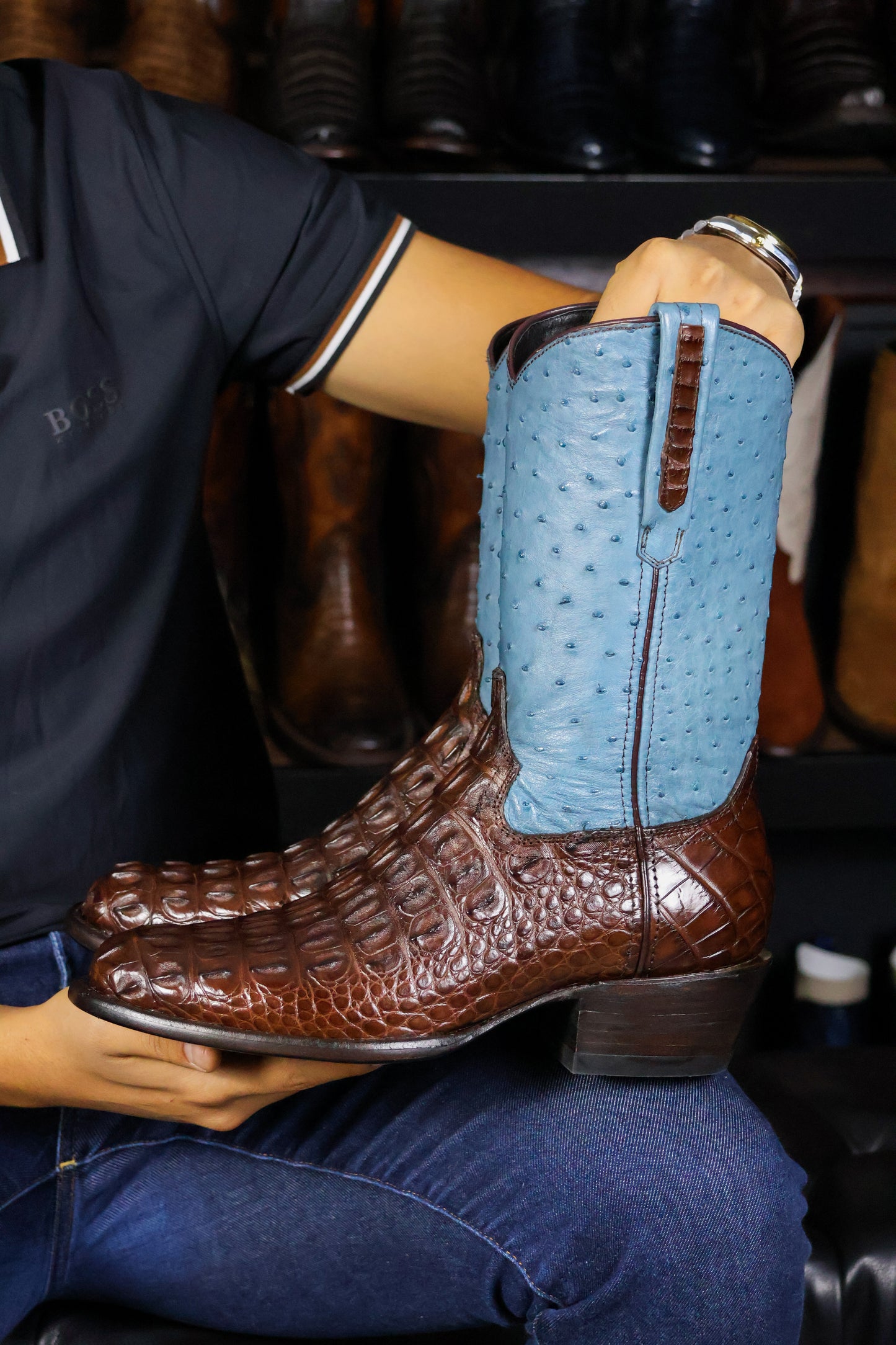 EMMA HIGH BLUE CROCODILE BACK ALLIGATOR AND OSTRICH OVAL