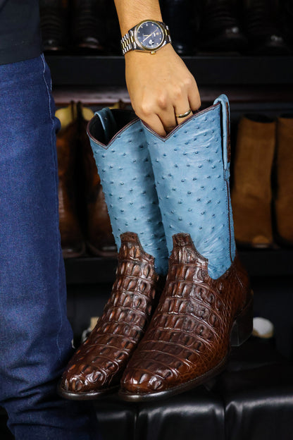 EMMA HIGH BLUE CROCODILE BACK ALLIGATOR AND OSTRICH OVAL
