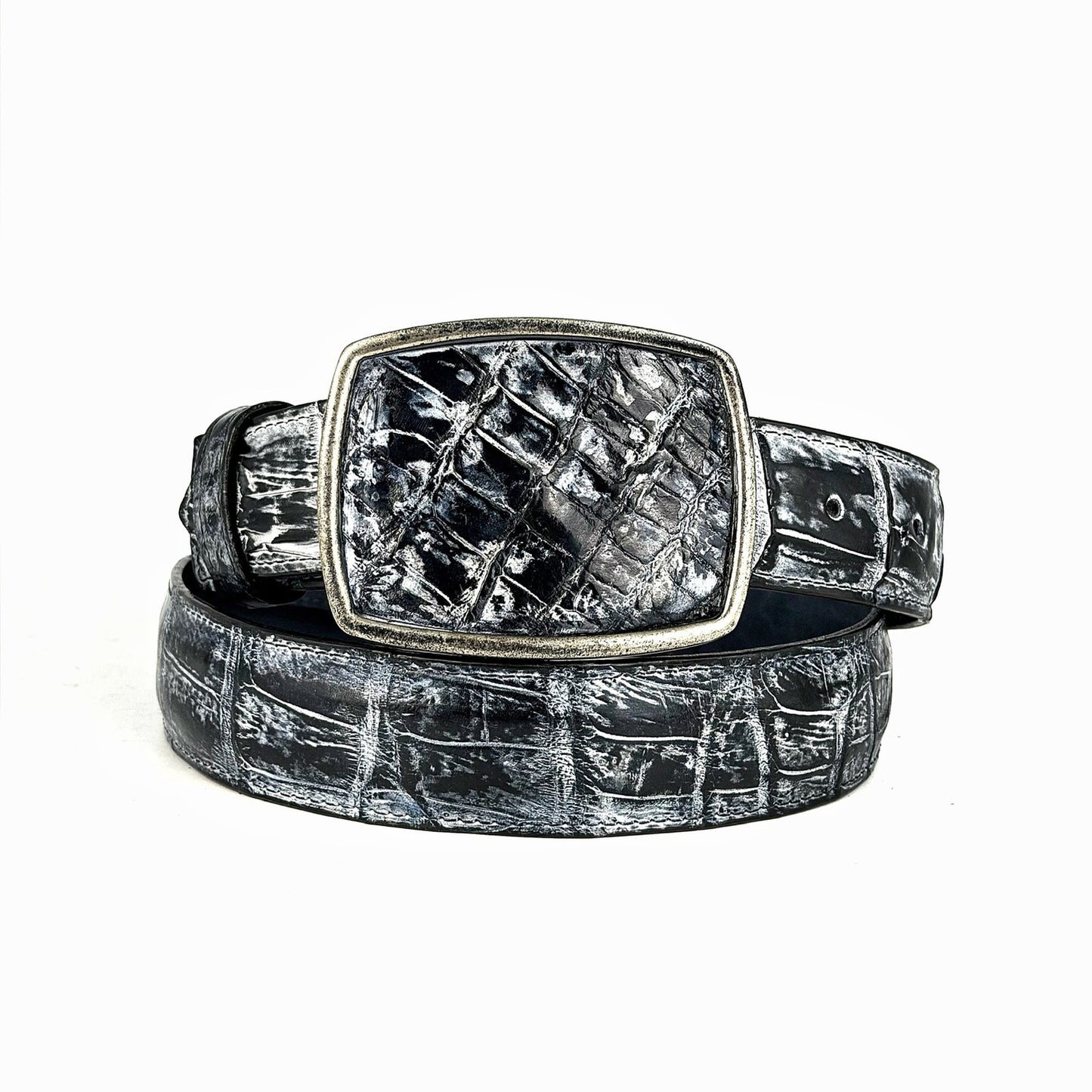 GRAY BLACK CROCODILE BELT SQUARE BUCKLE
